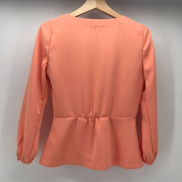 J. Crew Top Womens 0 Orange Drapey Crepe Faux Wrap V Neck H2847 Balloon Sleeve - Picture 4 of 12